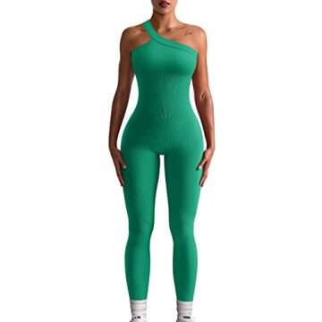 OQQ Women's Yoga Workout Ribbed One Shoulder Piece Sport JumpSuit, Green, Small
