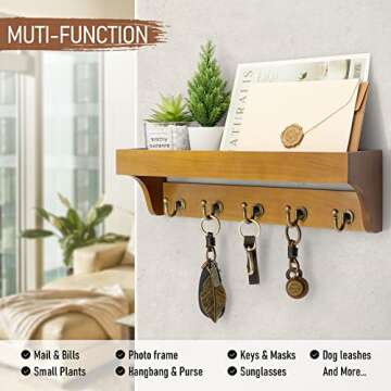 Rebee Vision Decorative Key Holder for Wall with Shelf: Farmhouse Mail Rack with 5 Sturdy Key Hooks ...