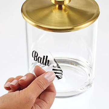 mDesign Home Organization Labels - Preprinted Label Stickers for Bathroom Storage and Cleaning - Household Organizing for Jars, Canisters, Containers, Bins, and Boxes - 32 Count - Clear/Black