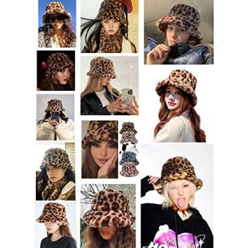 Women's Leopard Print Faux Fur Bucket Hat Fluffy Winter Warmer Plush Fisherman Cap