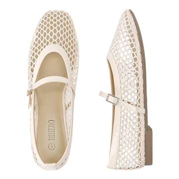 Rihero Mesh Ballet Flats Shoes for Women Comfortable Nude Ballerina Flats Fishnet Buckle Strap Mary Jane Flats Size 5.5