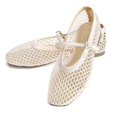 Rihero Mesh Ballet Flats Shoes for Women Comfortable Nude Ballerina Flats Fishnet Buckle Strap Mary Jane Flats Size 5.5