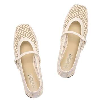Rihero Mesh Ballet Flats Shoes for Women Comfortable Nude Ballerina Flats Fishnet Buckle Strap Mary Jane Flats Size 5.5
