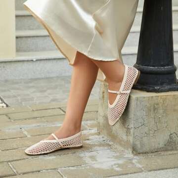 Rihero Mesh Ballet Flats Shoes for Women Comfortable Nude Ballerina Flats Fishnet Buckle Strap Mary Jane Flats Size 5.5