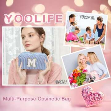 YOOLIFE Birthday Gifts for Women - Personalized Gifts Idea for Her Mom Best Friend Sister Girlfriend Bridesmaid Teacher, Monogram Initial Blue Cute Makeup Bag Cosmetic Toiletry Pouch Make Up Case S