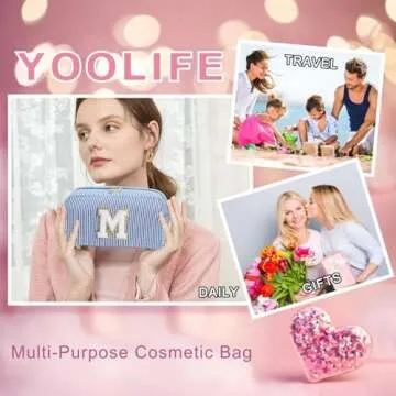 YOOLIFE Birthday Gifts for Women - Personalized Gifts Idea for Her Mom Best Friend Sister Girlfriend Bridesmaid Teacher, Monogram Initial Blue Cute Makeup Bag Cosmetic Toiletry Pouch Make Up Case S