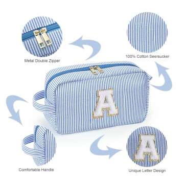 YOOLIFE Birthday Gifts for Women - Personalized Gifts Idea for Her Mom Best Friend Sister Girlfriend Bridesmaid Teacher, Monogram Initial Blue Cute Makeup Bag Cosmetic Toiletry Pouch Make Up Case S