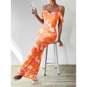MASCOMODA Spaghetti Strap Long Maxi Dresses for Women 2024 Summer Floral Sexy Bodycon Backless Formal Wedding Guest Dress(Orange Rose Red,Small)