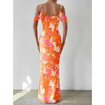 MASCOMODA Spaghetti Strap Long Maxi Dresses for Women 2024 Summer Floral Sexy Bodycon Backless Formal Wedding Guest Dress(Orange Rose Red,Small)