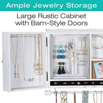 Rustic Wall Mounted Jewelry Organizer with Wooden Barndoor Decor. Jewelry holder for Necklaces, Earrings, Bracelets, Ring Holder, and Accessories. Includes hooks for hanging jewelry - White