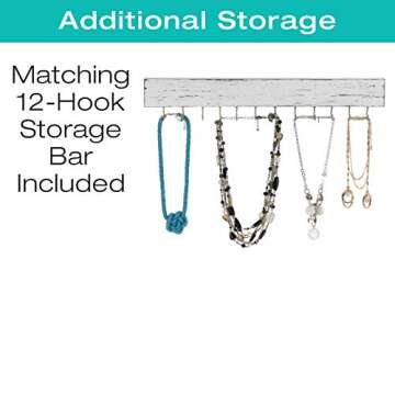 Rustic Wall Mounted Jewelry Organizer with Wooden Barndoor Decor. Jewelry holder for Necklaces, Earrings, Bracelets, Ring Holder, and Accessories. Includes hooks for hanging jewelry - White