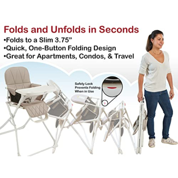 Primo PopUp Folding High Chair (for Baby Age 6 to 36 Months) Taupe Folding Beach Chair Style High Chair with Removable Dishwasher Safe Tray, 3pt Safety Harness, Leatherette Seat – Space Saving Design
