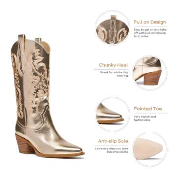 RKQ Women's Gold Sparkle Metallic Mid Calf Cowboy Boots Glitter Wide-calf Embroidered Cowgirl Boots ...