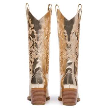 RKQ Women's Gold Sparkle Metallic Mid Calf Cowboy Boots Glitter Wide-calf Embroidered Cowgirl Boots Western Booties Pointed Toe Chunky Block Heel Pull On Tabs classic sexy party Boots 7
