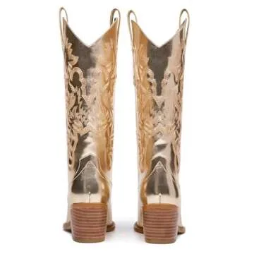 RKQ Women's Gold Sparkle Metallic Mid Calf Cowboy Boots Glitter Wide-calf Embroidered Cowgirl Boots Western Booties Pointed Toe Chunky Block Heel Pull On Tabs classic sexy party Boots 7