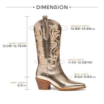 RKQ Women's Gold Sparkle Metallic Mid Calf Cowboy Boots Glitter Wide-calf Embroidered Cowgirl Boots Western Booties Pointed Toe Chunky Block Heel Pull On Tabs classic sexy party Boots 7