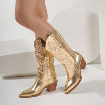 RKQ Women's Gold Sparkle Metallic Mid Calf Cowboy Boots Glitter Wide-calf Embroidered Cowgirl Boots Western Booties Pointed Toe Chunky Block Heel Pull On Tabs classic sexy party Boots 7