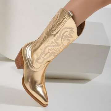 RKQ Women's Gold Sparkle Metallic Mid Calf Cowboy Boots Glitter Wide-calf Embroidered Cowgirl Boots Western Booties Pointed Toe Chunky Block Heel Pull On Tabs classic sexy party Boots 7