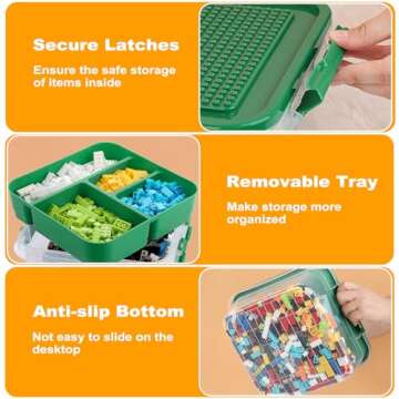 OGANAZI Plastic Storage Container with Bricks Baseplate Lid for Building Blocks, Bricks Building Set Organization Bin with Compartments Tray, Stackable Storage Box Building Block Chest Case (Green)