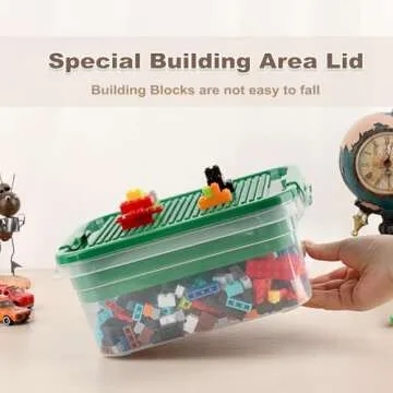 OGANAZI Plastic Storage Container with Bricks Baseplate Lid for Building Blocks, Bricks Building Set Organization Bin with Compartments Tray, Stackable Storage Box Building Block Chest Case (Green)