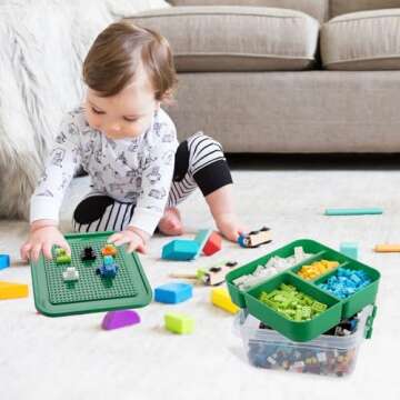OGANAZI Plastic Storage Container with Bricks Baseplate Lid for Building Blocks, Bricks Building Set Organization Bin with Compartments Tray, Stackable Storage Box Building Block Chest Case (Green)