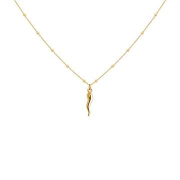 FRONAY Italian Vermeil Horn Necklace - 14k Gold Plated Silver Cornicello Good Luck Pendant (Mini Gol...
