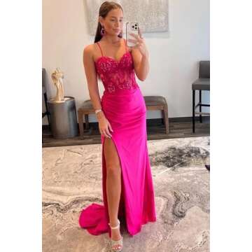 Ternlm Women's Corset Sweetheart Satin Tight Prom Dresses Long 2024 with Slit Spaghetti Straps Lace ...