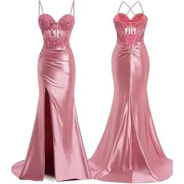 Ternlm Women's Corset Sweetheart Satin Tight Prom Dresses Long 2024 with Slit Spaghetti Straps Lace Appliques Evening Party Dresses Black 6