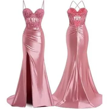 Ternlm Women's Corset Sweetheart Satin Tight Prom Dresses Long 2024 with Slit Spaghetti Straps Lace Appliques Evening Party Dresses Black 6