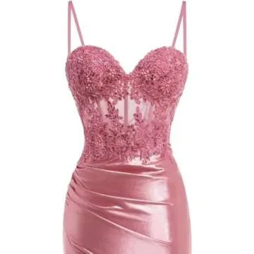 Ternlm Women's Corset Sweetheart Satin Tight Prom Dresses Long 2024 with Slit Spaghetti Straps Lace Appliques Evening Party Dresses Black 6