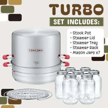 Concord Stainless Steel Turbo Steam Canner Canning Steamer Pot Set. Includes Canning Rack and Mason Jars (Induction Compatible).