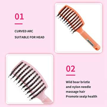 EKONAER 3 Pack Vented Quick Drying Massage Blow Detangler Brush,Boar Bristle Hair Brush Set-Curved,Detangling Hair Brush for Women Long,Thick, Thin, Curly(Green)