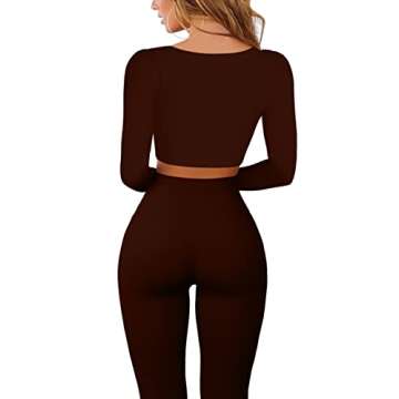 QINSEN Workout Sets for Women 2 Piece Seamless Long Sleeve Crop Tops Ribbed High Waist Leggings (S, Brown)