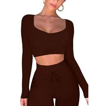 QINSEN Workout Sets for Women 2 Piece Seamless Long Sleeve Crop Tops Ribbed High Waist Leggings (S, Brown)
