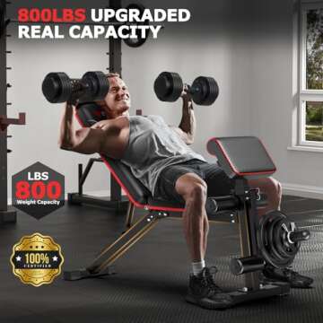 Fostoy Foldable Workout Bench, Adjustable Weight Bench for Home Gym, Multi Functional Gym Bench w/Leg Extension &Preacher Pad, Extra Headrest, Fast Folding Strength Training Incline Sit up Bench 800LB