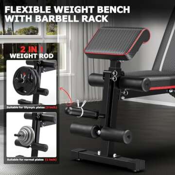 Fostoy Foldable Workout Bench, Adjustable Weight Bench for Home Gym, Multi Functional Gym Bench w/Leg Extension &Preacher Pad, Extra Headrest, Fast Folding Strength Training Incline Sit up Bench 800LB