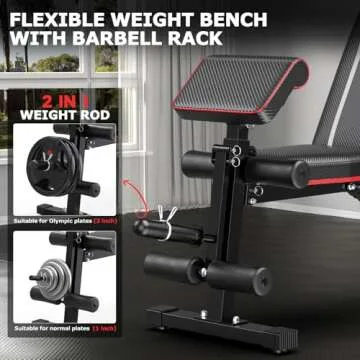 Fostoy Foldable Workout Bench, Adjustable Weight Bench for Home Gym, Multi Functional Gym Bench w/Leg Extension &Preacher Pad, Extra Headrest, Fast Folding Strength Training Incline Sit up Bench 800LB