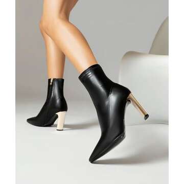 Reitoye Women's Ankle Boots Metallic Chunky Block Heel Square Toe