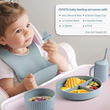 CSFICTS Silicone Baby Feeding Set - Baby Led Weaning Supplies - Silicone Suction Plate Bowl Spoon Fork Straw Cup Bibs, Baby Self Feeding Eating Utensils Dishes Set, 6 Months