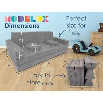 Mod Blox 10 Piece Soft Modular Kids Play Couch for Boys and Girls｜Child Sectional Fort Building So...