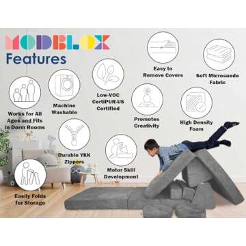 Mod Blox 10 Piece Soft Modular Kids Play Couch for Boys and Girls｜Child Sectional Fort Building Sofa for Toddlers Playroom with Microsuede Covers + High Density Convertible Foam Cushions (Light Gray)