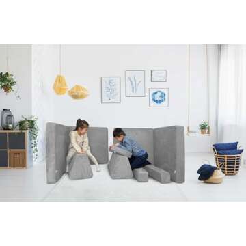 Mod Blox 10 Piece Soft Modular Kids Play Couch for Boys and Girls｜Child Sectional Fort Building Sofa for Toddlers Playroom with Microsuede Covers + High Density Convertible Foam Cushions (Light Gray)