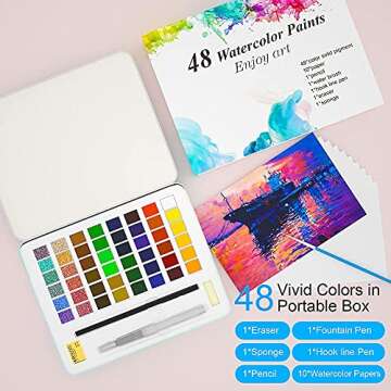 YOQVHUA Watercolor Paint Set, 48 Premium Colors with Bonus Watercolor Paper Pad and Water Brushes, Portable Travel Watercolor Set for Kids Students Adults Beginner Artists Painting Supplies