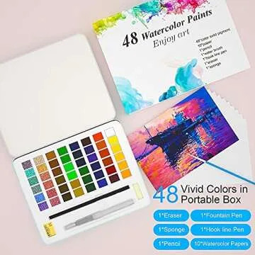 YOQVHUA Watercolor Paint Set, 48 Premium Colors with Bonus Watercolor Paper Pad and Water Brushes, Portable Travel Watercolor Set for Kids Students Adults Beginner Artists Painting Supplies