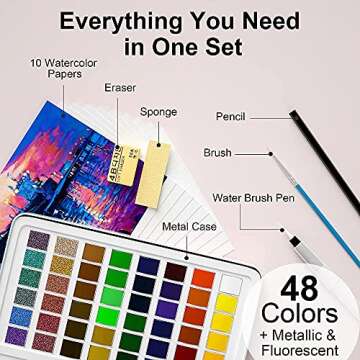 YOQVHUA Watercolor Paint Set, 48 Premium Colors with Bonus Watercolor Paper Pad and Water Brushes, Portable Travel Watercolor Set for Kids Students Adults Beginner Artists Painting Supplies