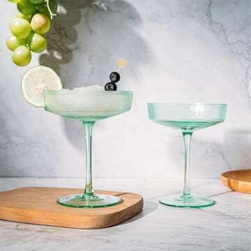 Vintage Art Deco Coupe Glasses, Martini, Champagne & Cocktail Ribbed Glass 7 oz | Set of 2 | Crystal, Manhattan, Cosmopolitan, Sidecar Cocktail Glassware for Champagne , Ripple Glassware - Gift Box