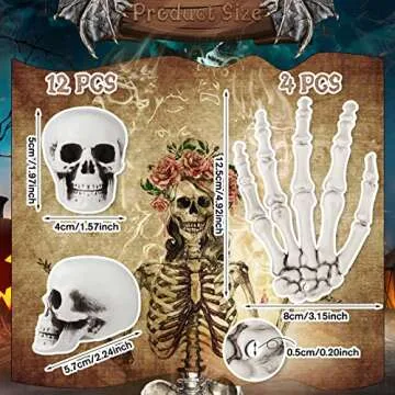 16 Pieces Halloween Decoration Set Includes 10 Halloween Mini Skull Heads and 4 Skeleton Hands Realistic Looking Skulls Plastic Fake Human Hands Craft Toy for Halloween Party, Halloween Decor Props