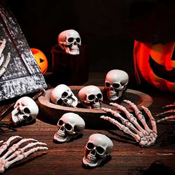 16 Pieces Halloween Decoration Set Includes 10 Halloween Mini Skull Heads and 4 Skeleton Hands Realistic Looking Skulls Plastic Fake Human Hands Craft Toy for Halloween Party, Halloween Decor Props
