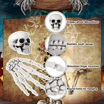 16 Pieces Halloween Decoration Set Includes 10 Halloween Mini Skull Heads and 4 Skeleton Hands Realistic Looking Skulls Plastic Fake Human Hands Craft Toy for Halloween Party, Halloween Decor Props
