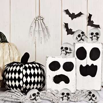 16 Pieces Halloween Decoration Set Includes 10 Halloween Mini Skull Heads and 4 Skeleton Hands Realistic Looking Skulls Plastic Fake Human Hands Craft Toy for Halloween Party, Halloween Decor Props